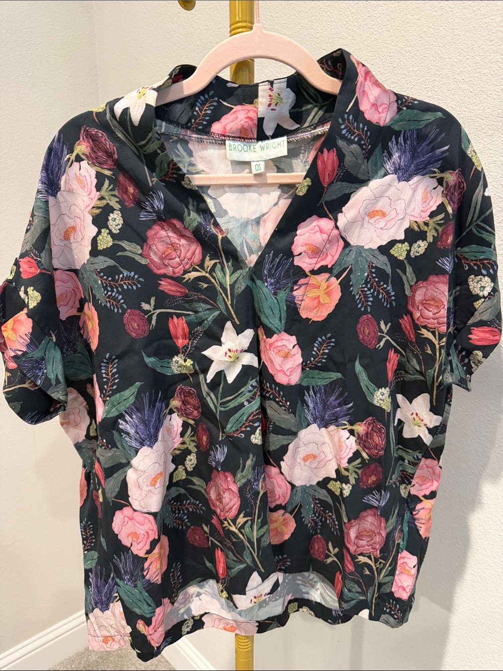 Brooke Wright Floral Blouse One Size Black Pink Botanical Oversized Boho Top